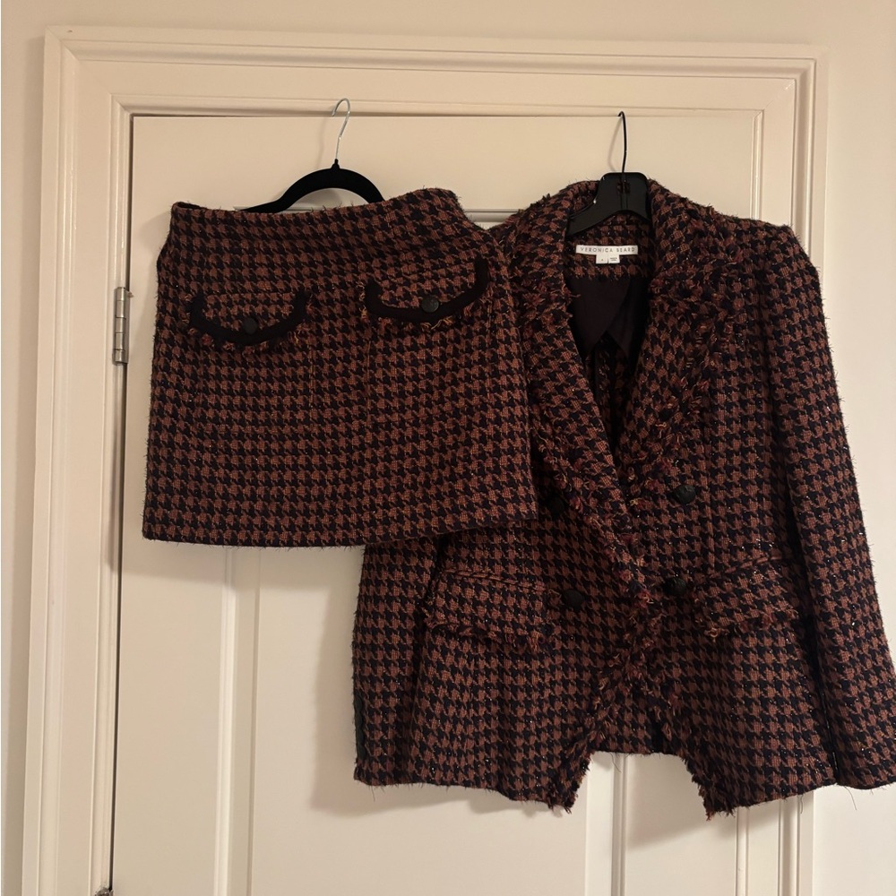 Veronica Beard Brown and Black Houndstooth Blazer & Skirt Set
